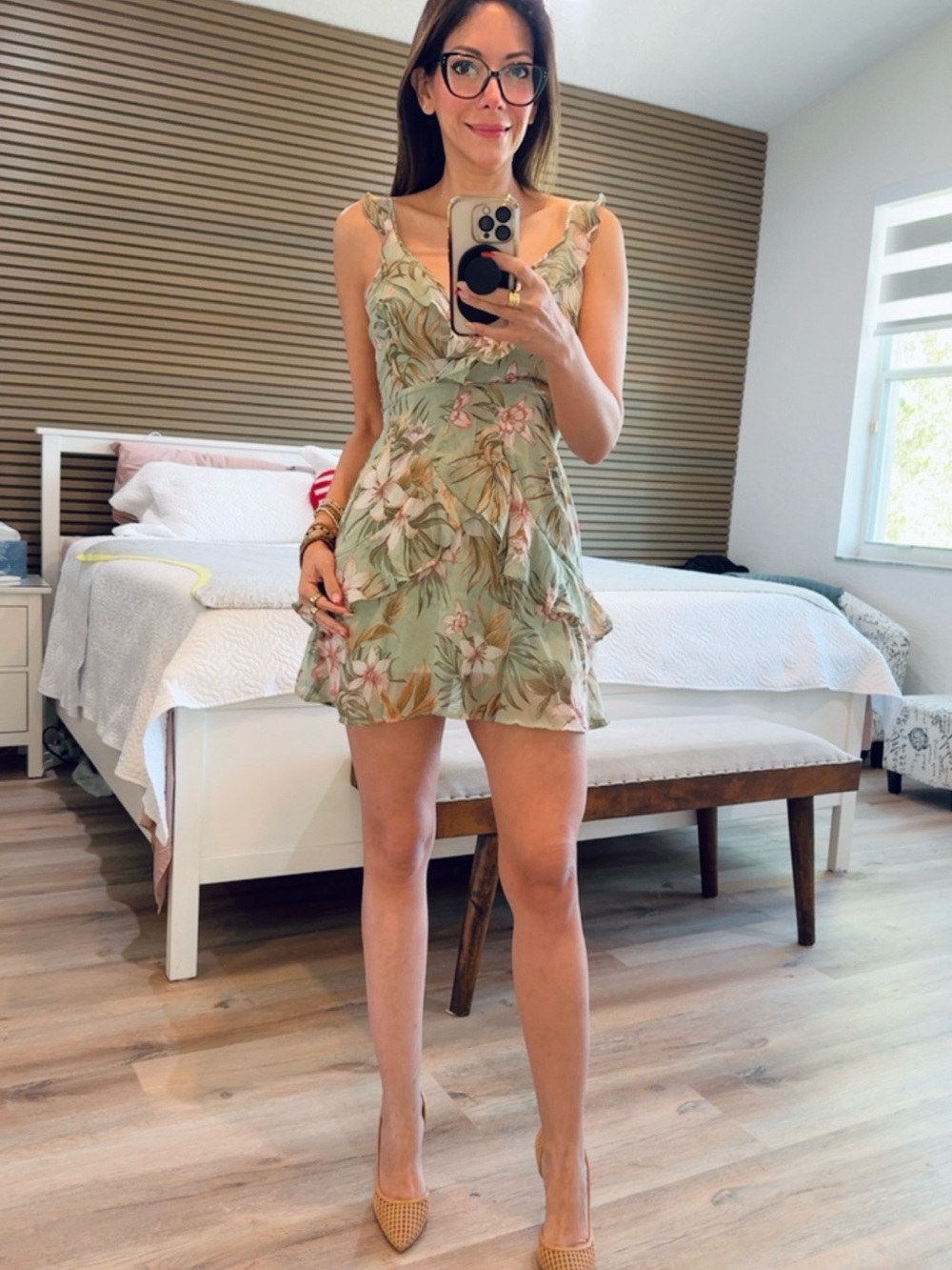 Sage Floral Ruffle Mini Dress